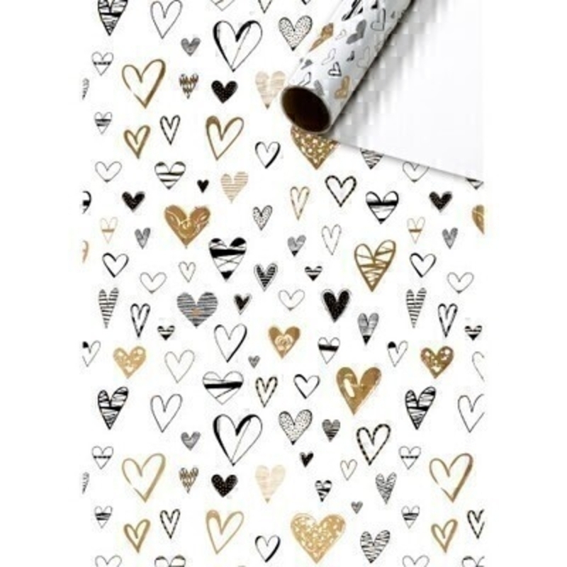 Gold and Monochrome Heart Gift Wrap on Roll
